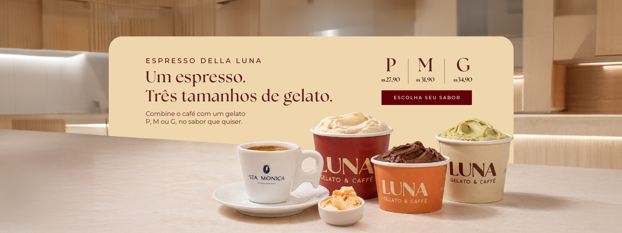 Espresso Della Luna — um espresso, três tamanhos de gelato. Escolha seu sabor